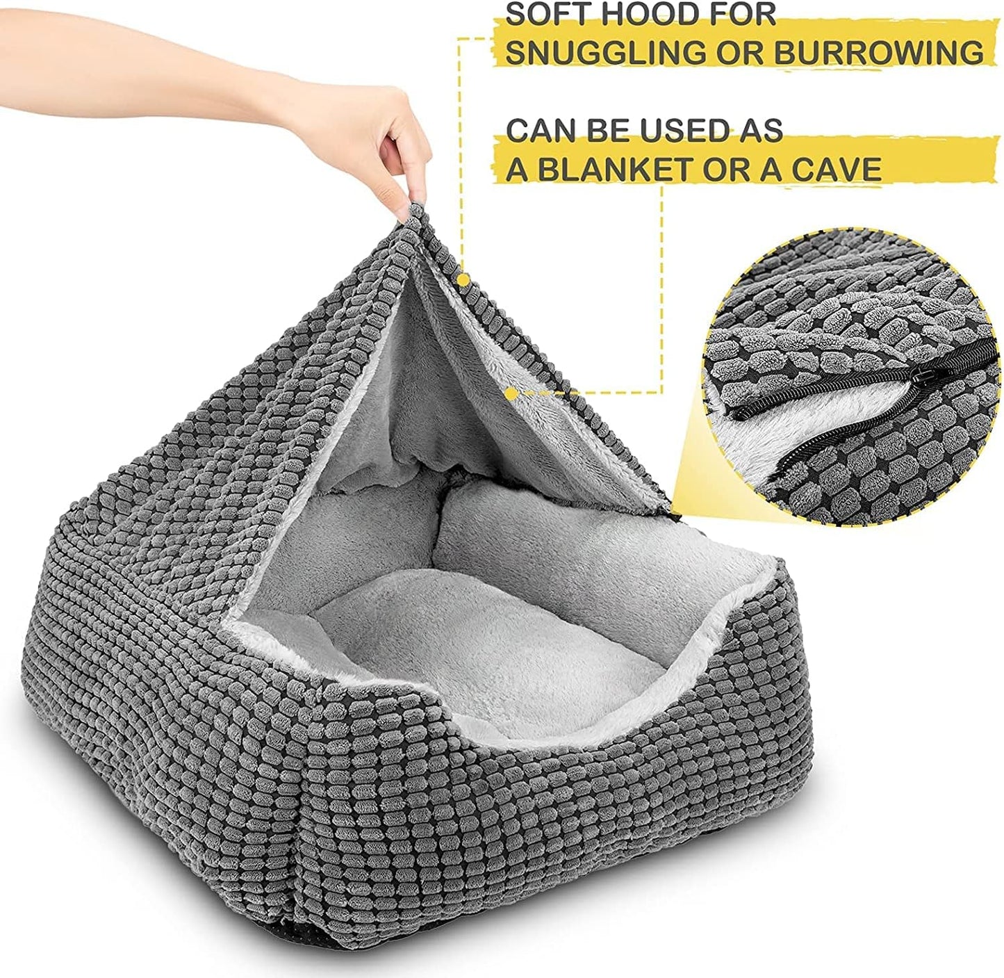 Plush Hooded Dog Bed - Cozy Washable Cave for Medium to Large Pets