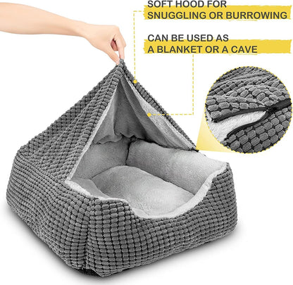Plush Hooded Dog Bed - Cozy Washable Cave for Medium to Large Pets