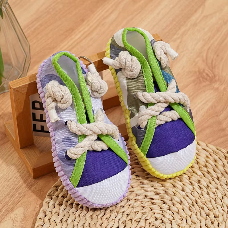 Dog Chewing Toy Squeaky Bite Resistant Canvas Shoes Knot Puppy Toy Teeth Cleaning Training Molar Dog Chew Toy Supplies