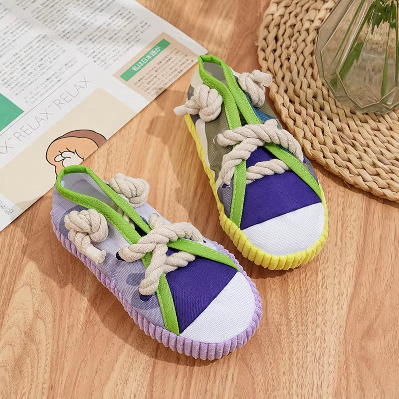 Dog Chewing Toy Squeaky Bite Resistant Canvas Shoes Knot Puppy Toy Teeth Cleaning Training Molar Dog Chew Toy Supplies