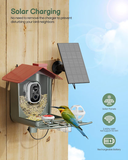 Smart Bird Feeder with Solar Camera - 2K HD Live Video & AI Recognition for Garden Bird Watching - Perfect Gift for Bird Lovers