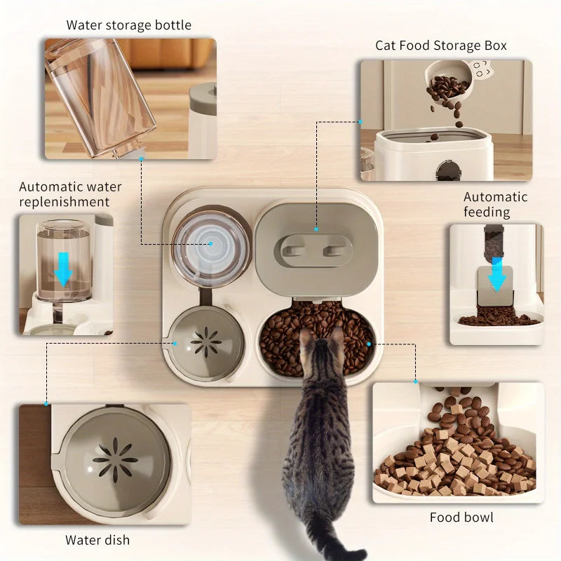 Automatic Feeder with Spill Proof Design with Water Fountain. Pet Food Dispenser for Small, Medium & Large Cats Dogs