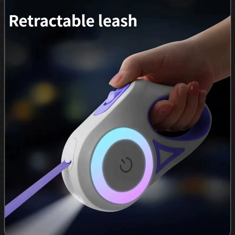 5M Automatic Retractable Dog Leash with Flashlight, LED Glowing at Night Walking Leash, Durable Nylon Outdoor Leash for Dog