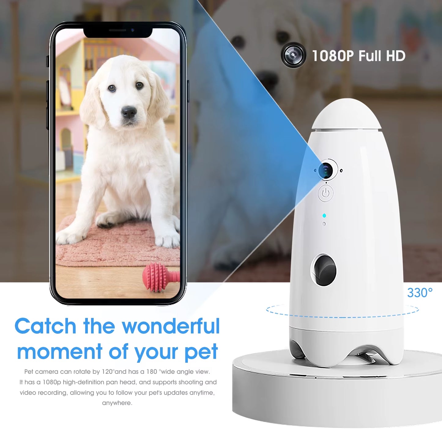 Smart 1080P Dog Camera 180° View with Treat Dispenser - Interactive Pet Feeder and Monitoring System Designed for Dogs