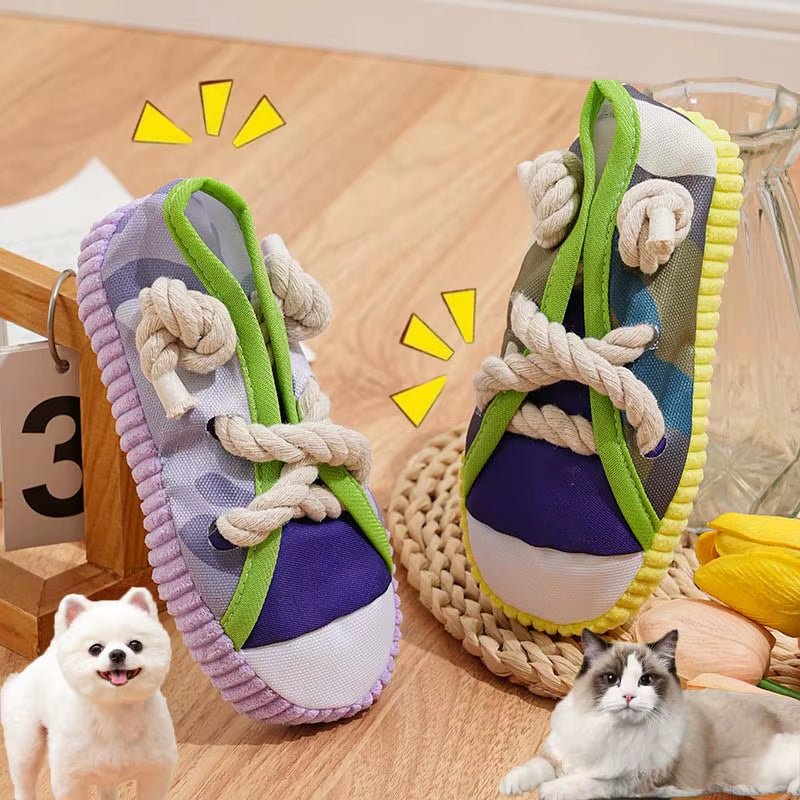 Dog Chewing Toy Squeaky Bite Resistant Canvas Shoes Knot Puppy Toy Teeth Cleaning Training Molar Dog Chew Toy Supplies
