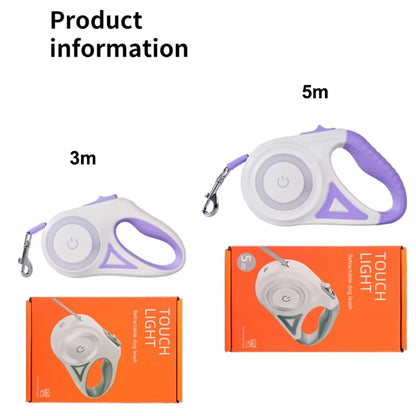 5M Automatic Retractable Dog Leash with Flashlight, LED Glowing at Night Walking Leash, Durable Nylon Outdoor Leash for Dog