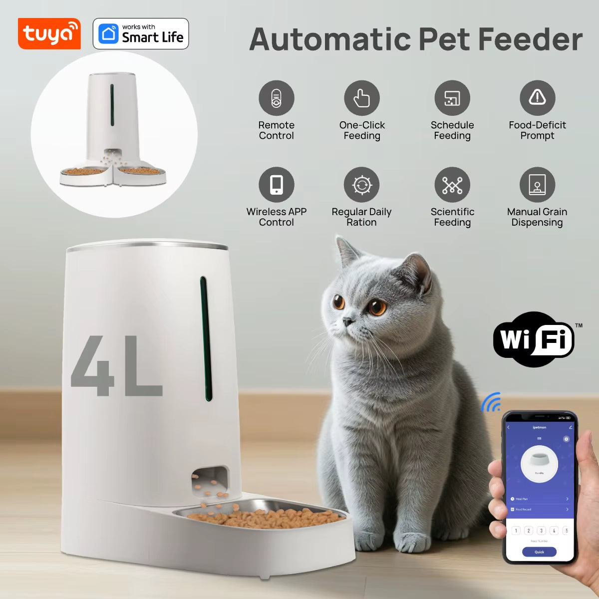 4L Automatic Pet Feeder For1/2Cats,Wifi Smart Feed Automatic Pet Feeder for Cats& Dogs,Timed Pet Food Dispenser with APP Control