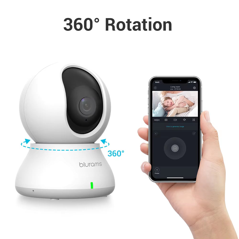 2K 360° PTZ Wifi Indoor Camera for Pets - Home Security with Night Vision, 2-Way Talk & Phone App Control