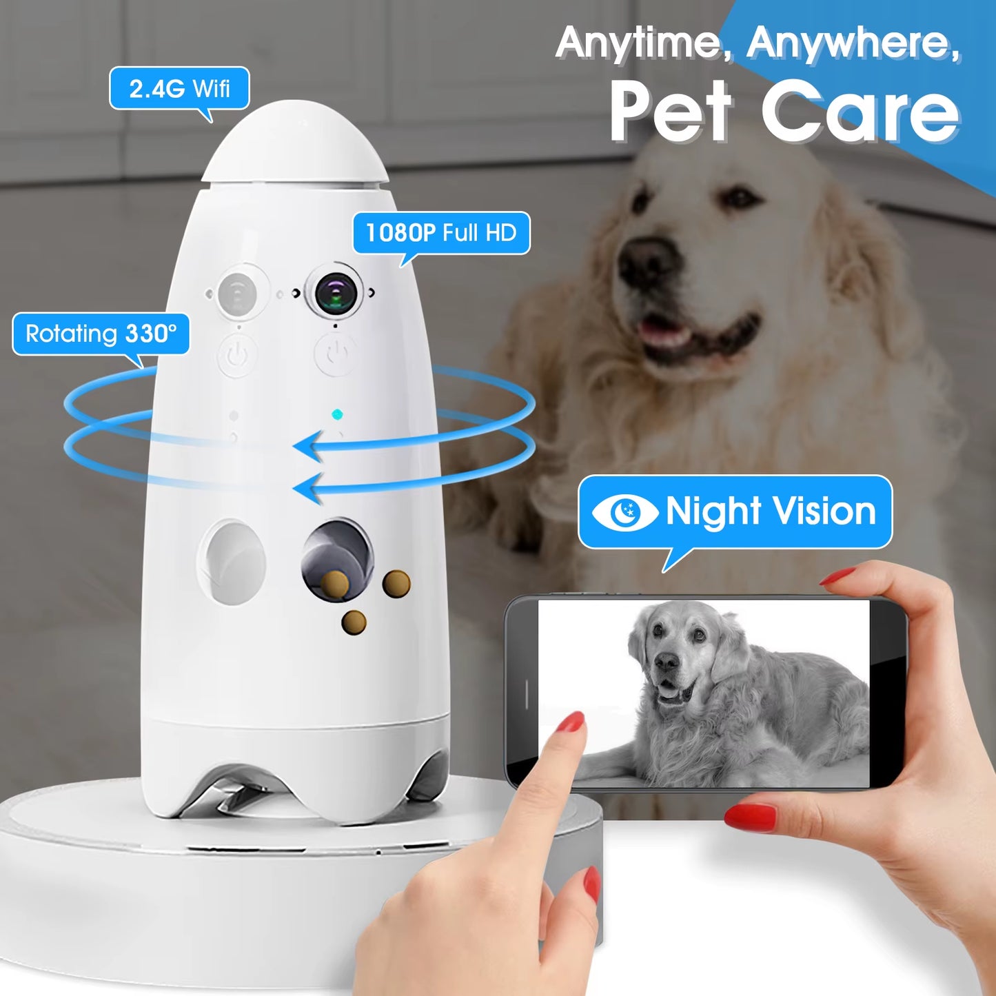 Smart 1080P Dog Camera 180° View with Treat Dispenser - Interactive Pet Feeder and Monitoring System Designed for Dogs