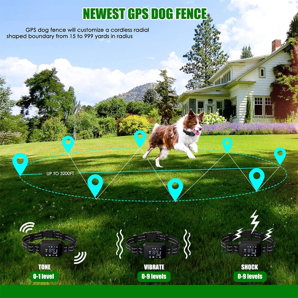 GPS Wireless Dog Containment System with Adjustable Warning Strength and Rechargeable Features, Range 100-3300 Ft
