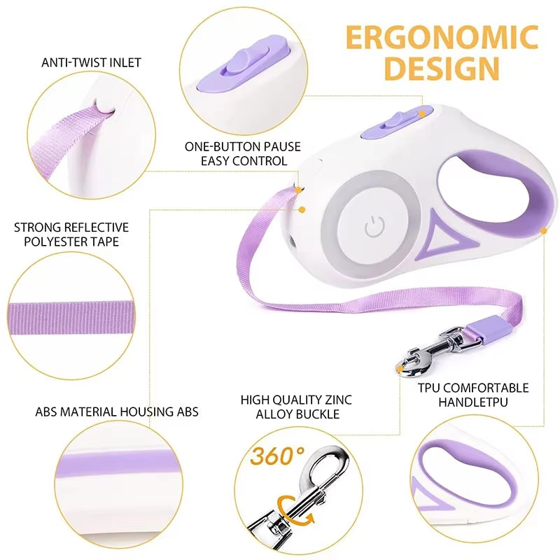 5M Automatic Retractable Dog Leash with Flashlight, LED Glowing at Night Walking Leash, Durable Nylon Outdoor Leash for Dog