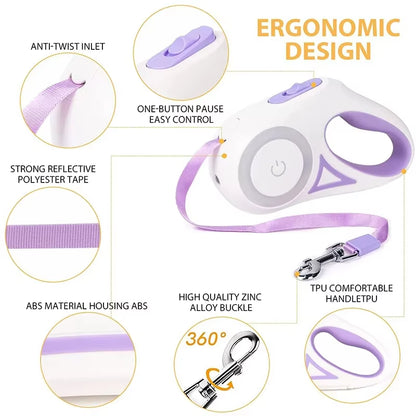 5M Automatic Retractable Dog Leash with Flashlight, LED Glowing at Night Walking Leash, Durable Nylon Outdoor Leash for Dog
